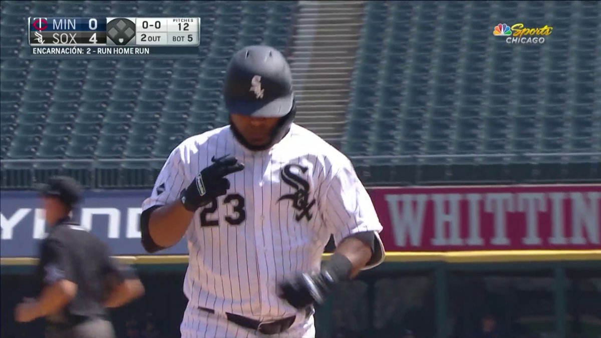 Chicago White Sox Yoan Moncada celebrates his solo home run against the Minnesota  Twins in the first inning in game 1 of a doubleheader baseball game  Tuesday, June 5, 2018, in Minneapolis.