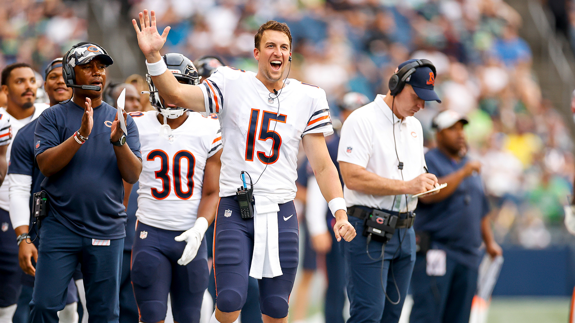 Chicago Bears quarterback Trevor Siemian (15) stands on the field