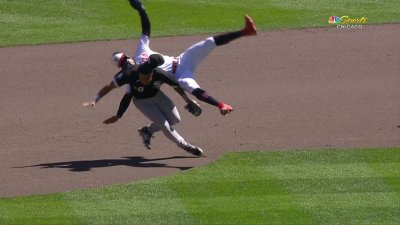 WATCH: Twins' Byron Buxton goes down after scary collision with Lenyn Sosa  – NBC Sports Chicago