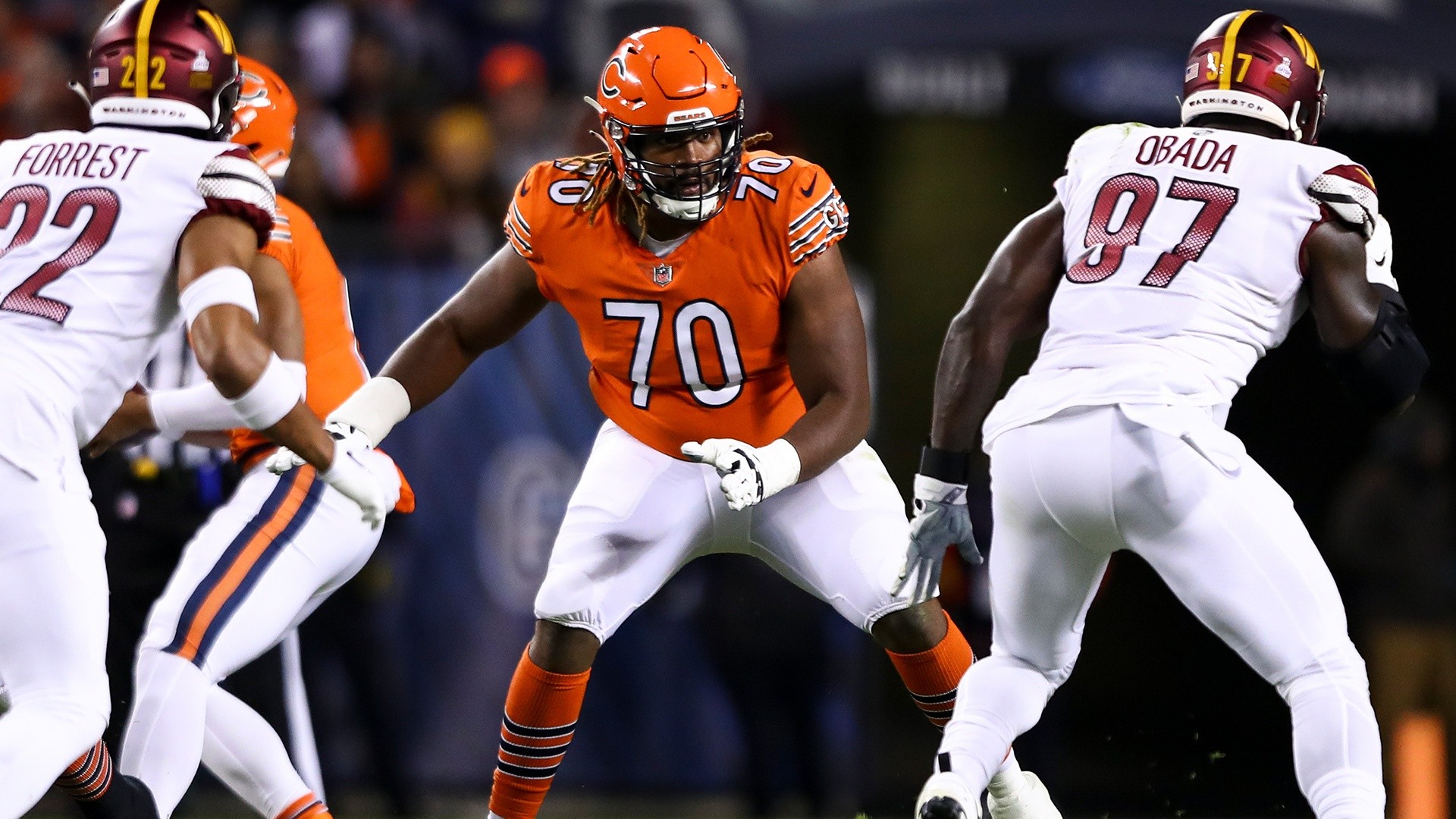 Chicago Bears offensive tackle Braxton Jones (70) works during the