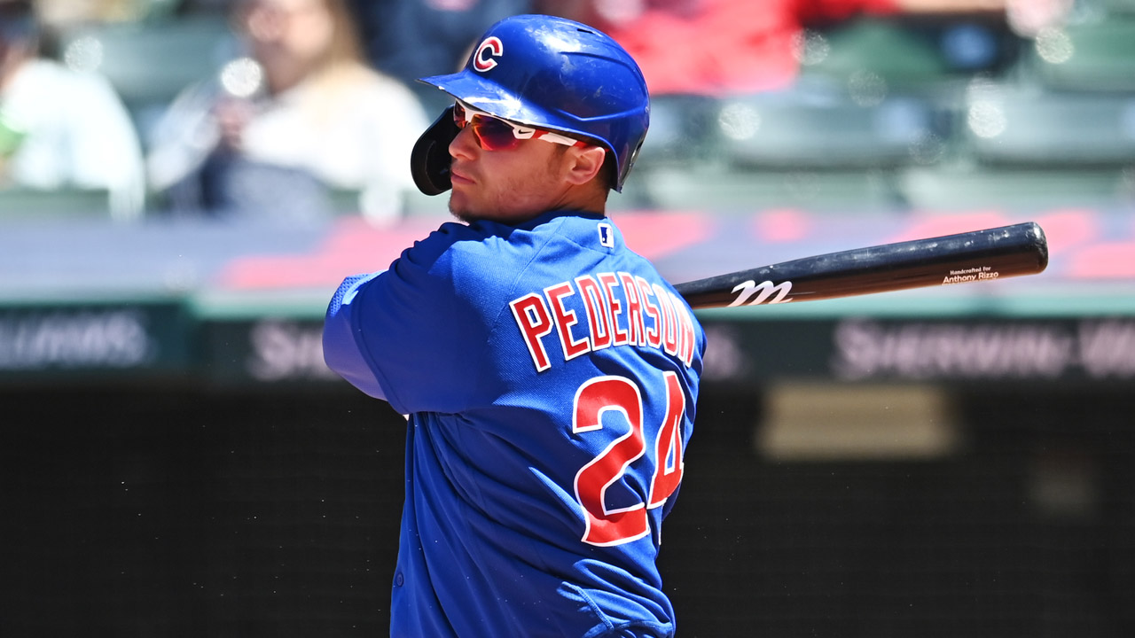 Chicago Cubs left fielder Joc Pederson (24) reacts as he takes