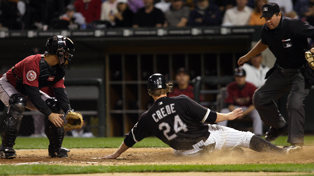 Chicago White Sox third baseman Joe Crede (24) yells as he watches a long  drive curve foul during game 2 of the World Series at U. S. Cellular Field,  October 23, 2005