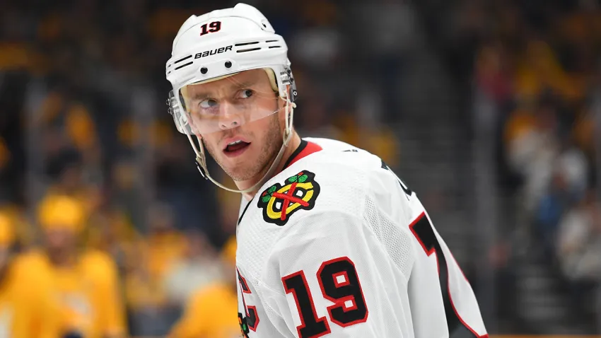 Nov 16, 2019; Nashville, TN, USA; Chicago Blackhawks center Jonathan Toews (19) during the second period against the Nashville Predators at Bridgestone Arena. Mandatory Credit: Christopher Hanewinckel-USA TODAY Sports