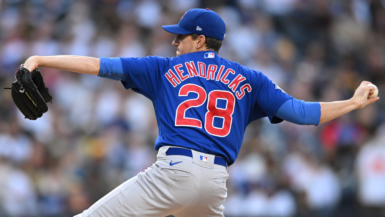 Chicago Cubs starting pitcher Kyle Hendricks (28) throws in the