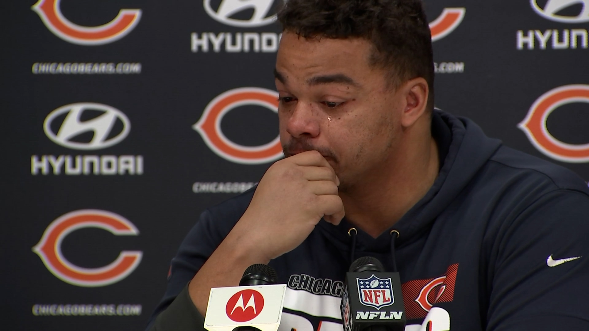 Bears' Sam Mustipher gets emotional discussing Bills' Damar Hamlin