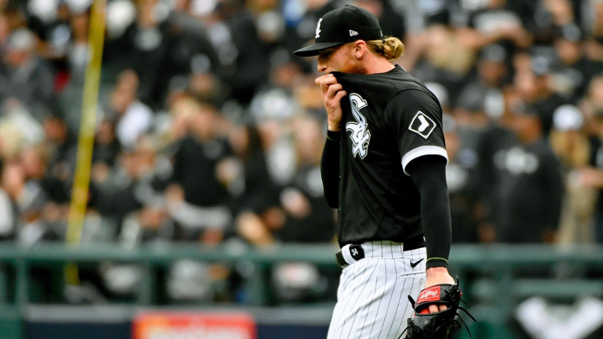 Michael Kopech of the Chicago White Sox reacts after being pulled