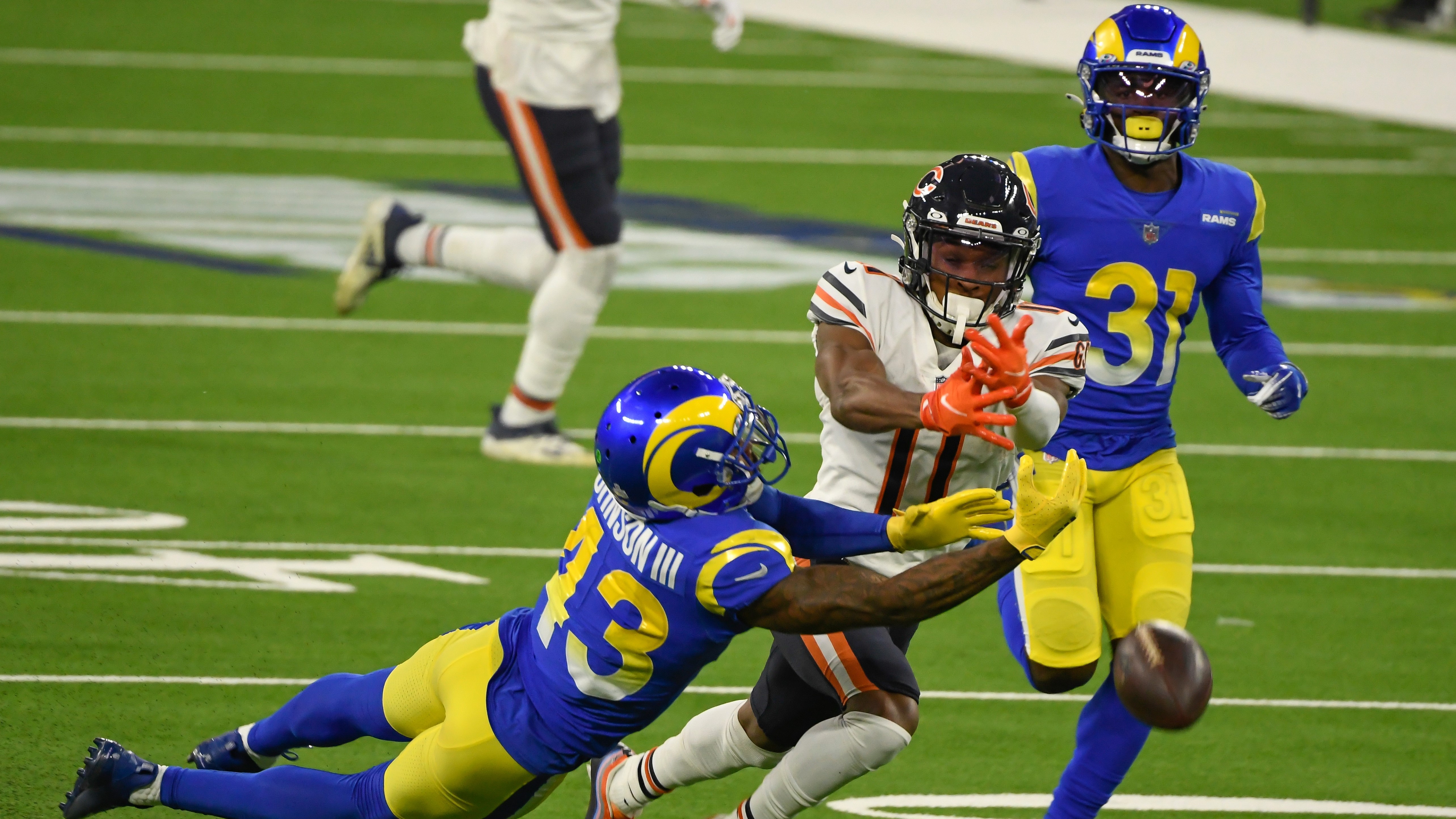 Darnell Mooney of the Chicago Bears wears a helmet with Breonna