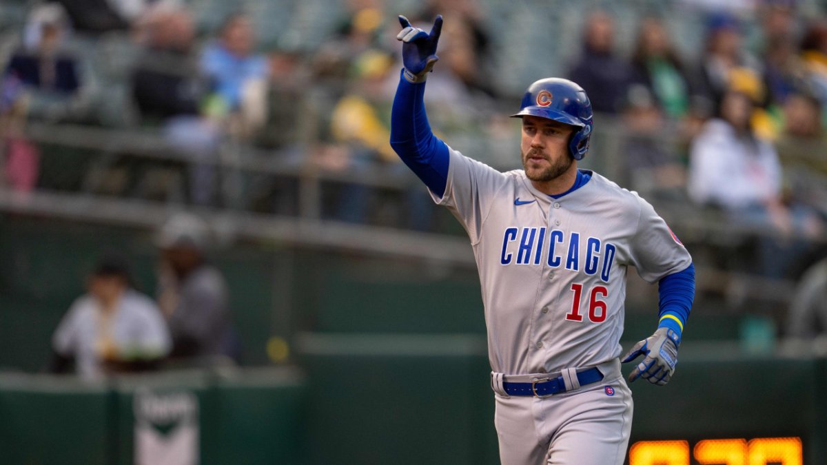 Chicago Cubs' Patrick Wisdom after hitting a two-run home run