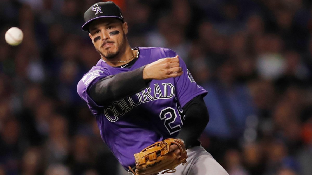 The jersey of Colorado Rockies third baseman Nolan Arenado hangs