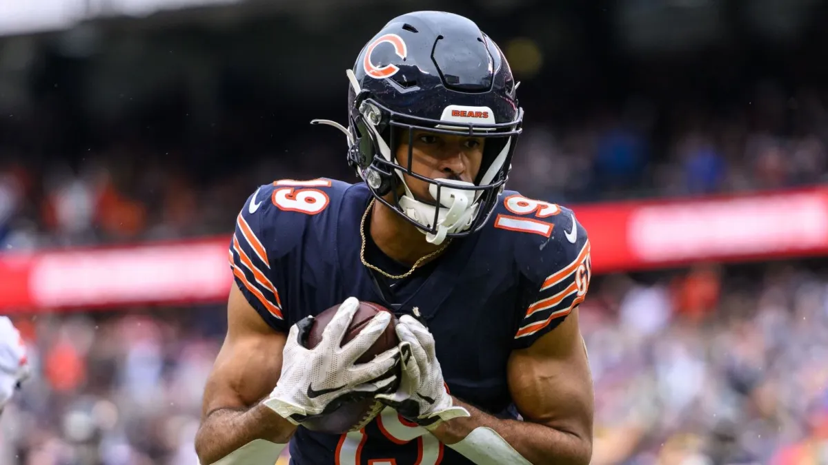 Chicago Bears wide receiver Equanimeous St. Brown (19) runs off the field  at halftime of an NFL football game against the New England Patriots,  Monday, Oct. 24, 2022, in Foxborough, Mass. (AP