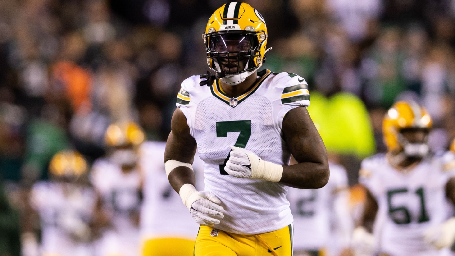 Green Bay Packers' De'Vondre Campbell and Quay Walker run onto the field at  the NFL football team's practice field Saturday, July 30, 2022, in Green Bay,  Wis. (AP Photo/Morry Gash Stock Photo 