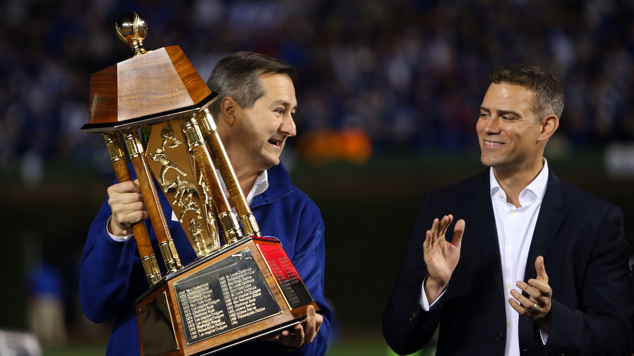 Theo Epstein Signed Chicago Cubs 2016 World Series Holding Trophy