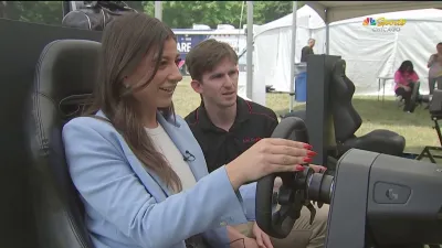 Ruthie Polinsky tries a NASCAR driving simulator
