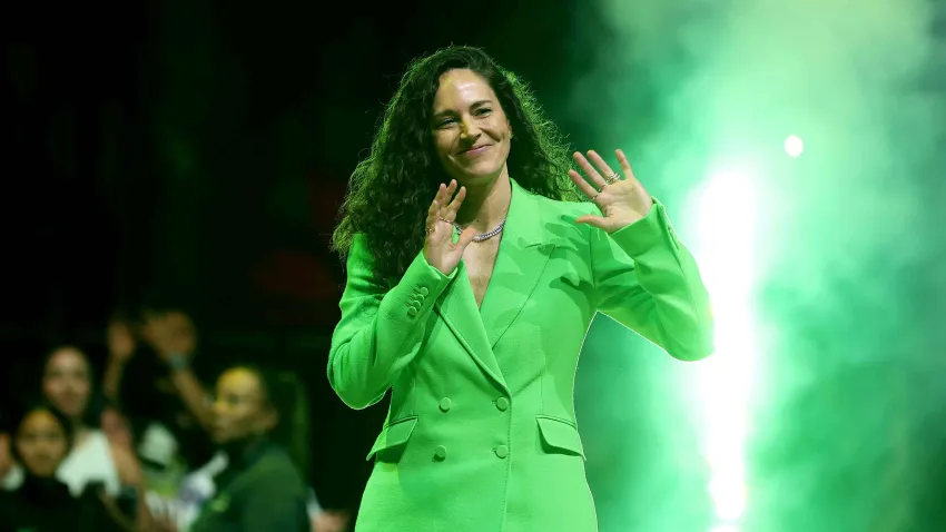 Sue Bird is introduced during her jersey retirement ceremony after the game between the Seattle Storm and the Washington Mystics at Climate Pledge Arena on June 11, 2023 in Seattle, Washington.