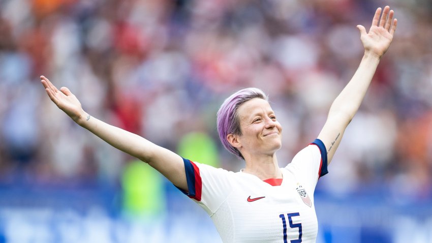 Megan Rapinoe of the USA celebrates following her sides victory in the 2019 FIFA Women’s World Cup France Final match between The United States of America and The Netherlands at Stade de Lyon on July 7, 2019 in Lyon, France.