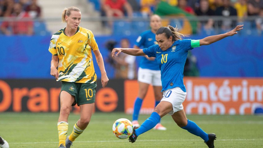 Emily van Egmond #10 of Australia defended by Marta #10 of Brazil during the Australia V Brazil, Group C match at the FIFA Women’s World Cup