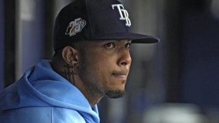 Tampa Bay Rays' Wander Franco watches from the dugout during the fifth inning of a baseball game against the Cleveland Guardians Sunday, Aug. 13, 2023