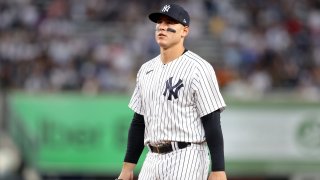 May 11, 2023; Bronx, New York, USA; New York Yankees first baseman Anthony Rizzo (48) reacts after committing an error on a ground ball by Tampa Bay Rays right fielder Josh Lowe (not pictured) during the fifth inning at Yankee Stadium. Mandatory Credit: Brad Penner-USA TODAY Sports