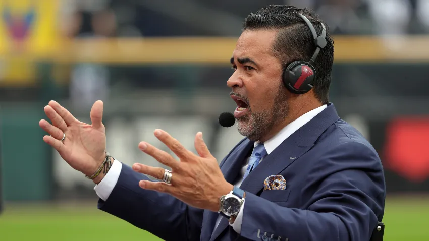 CHICAGO, ILLINOIS – OCTOBER 12:  Ozzie Guillen commentates on the field prior to Game 4 of the American League Division Series against the Houston Astros at Guaranteed Rate Field on October 12, 2021 in Chicago, Illinois. (Photo by Stacy Revere/Getty Images)