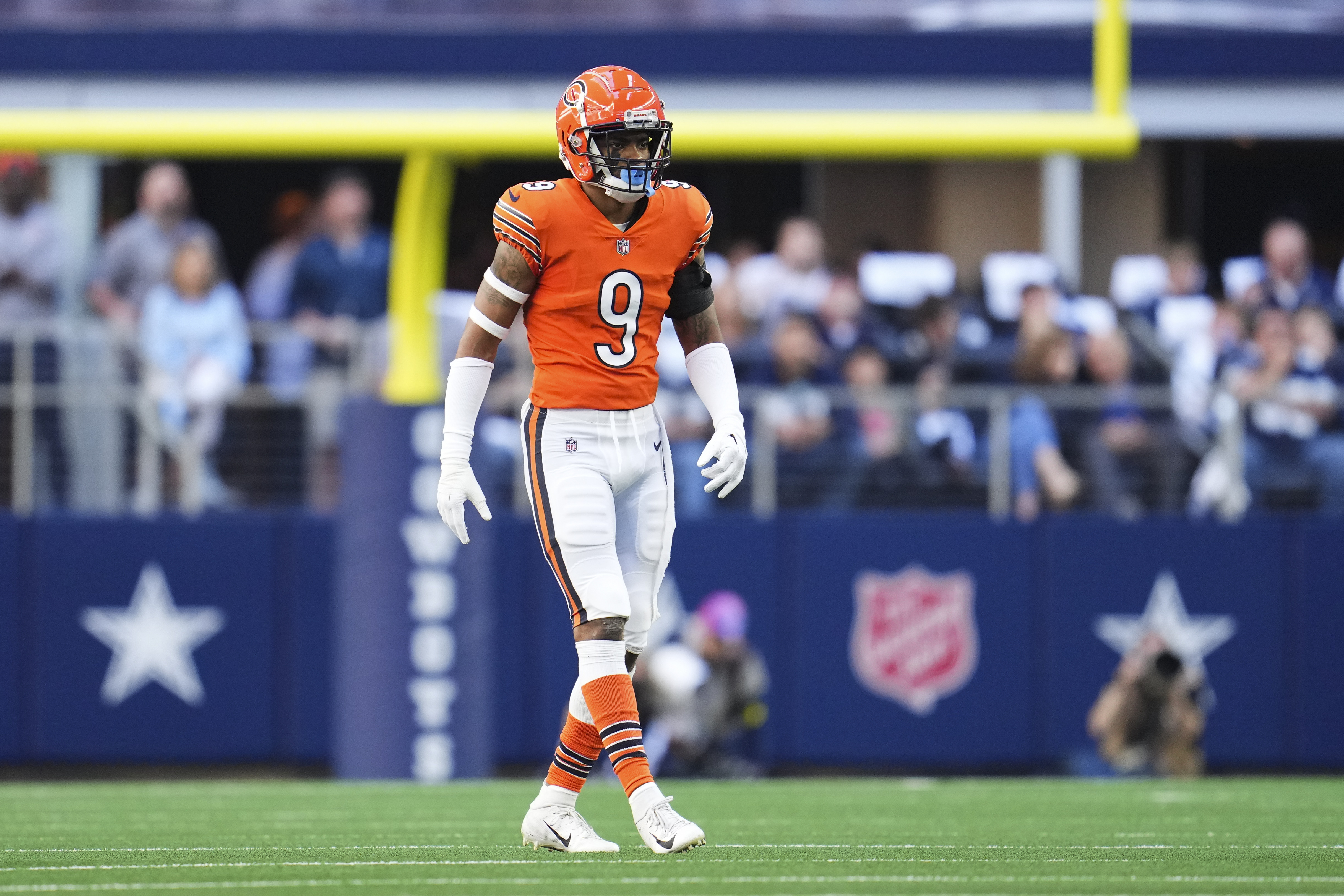 Chicago Bears safety Jaquan Brisker (9) reacts against the New