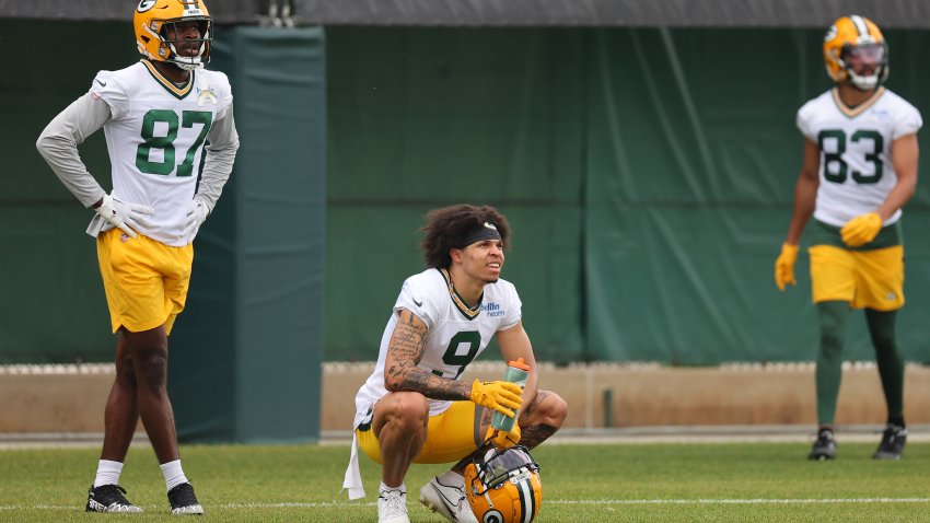 ASHWAUBENON, WISCONSIN – MAY 31: Romeo Doubs #87, Christian Watson #9 and Samori Toure #83 of the Green Bay Packers participate in an OTA practice session at Don Hutson Center on May 31, 2023 in Ashwaubenon, Wisconsin. (Photo by Stacy Revere/Getty Images)