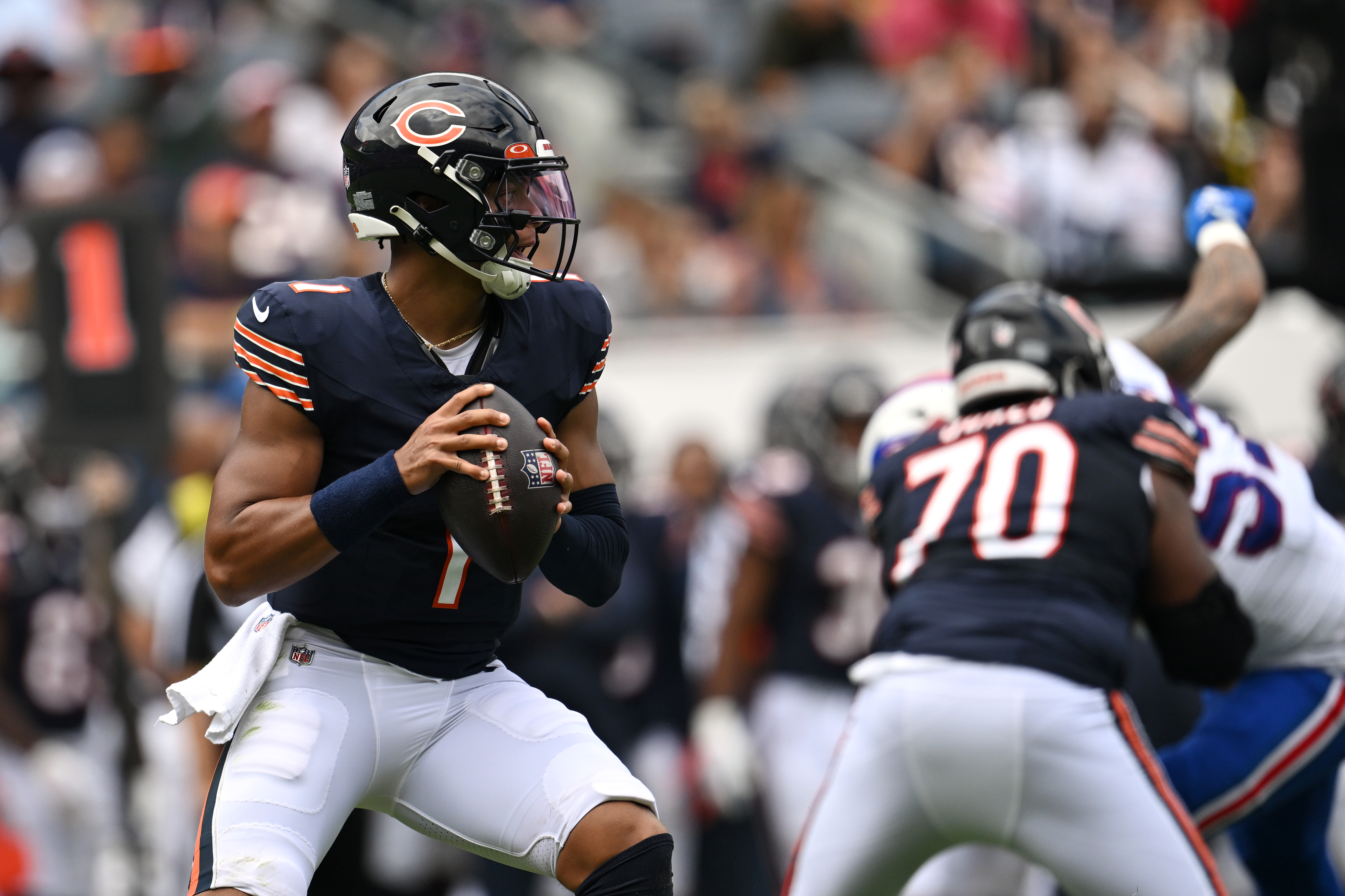 Justin Fields of the Chicago Bears dives for a touchdown during the News  Photo - Getty Images