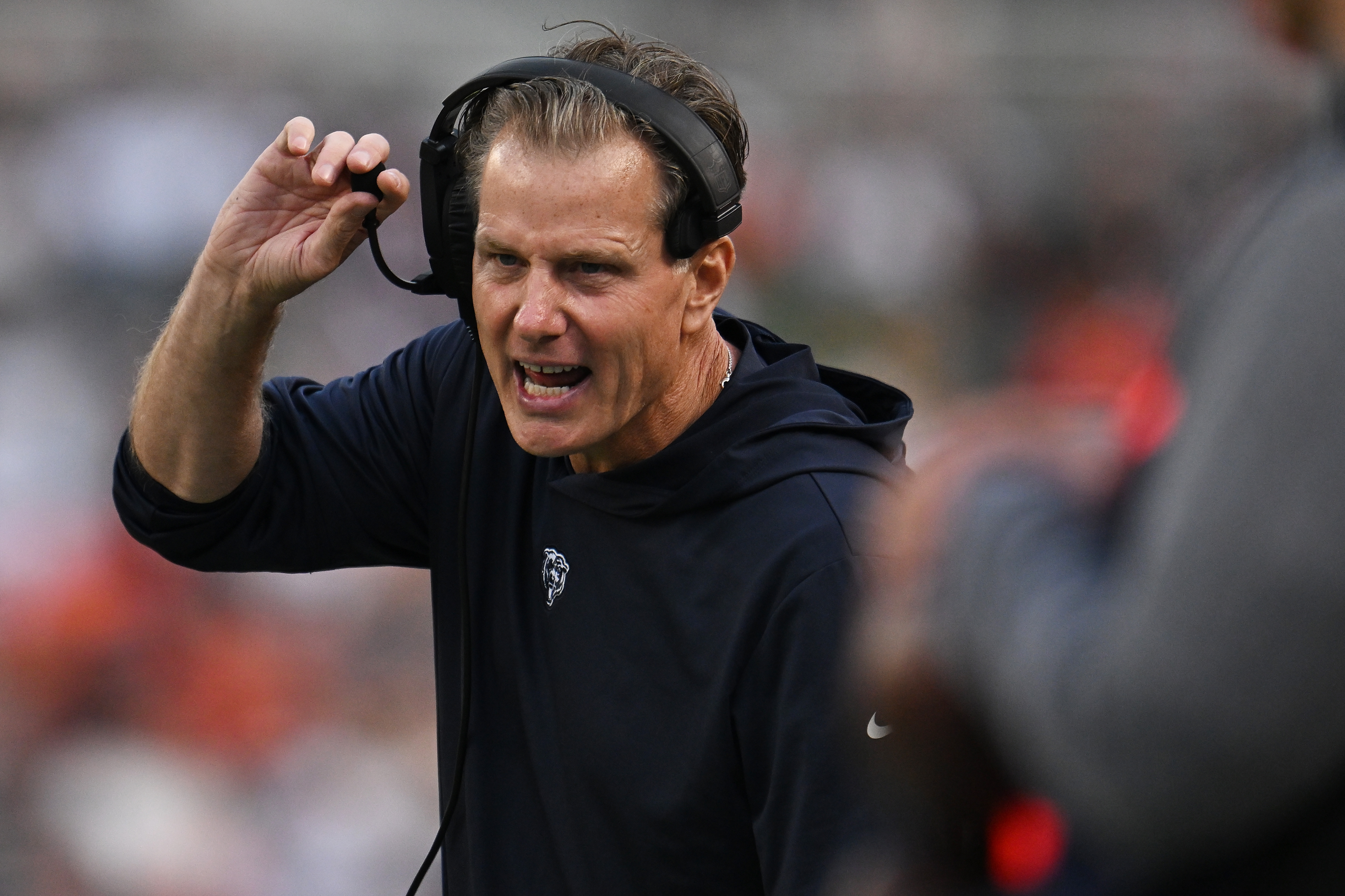 Chicago Bears head coach Matt Eberflus calls in a play during an NFL  preseason football game against the Tampa Bay Buccaneers, Sunday, Sept. 17,  2023, in Tampa, Fla. (AP Photo/Peter Joneleit Stock