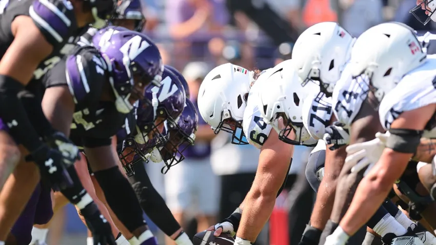 EVANSTON, ILLINOIS – SEPTEMBER 30: A detail of the line of scrimmage during the second half between the Northwestern Wildcats and the Penn State Nittany Lions at Ryan Field on September 30, 2023 in Evanston, Illinois. (Photo by Michael Reaves/Getty Images)