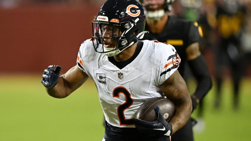 LANDOVER, MARYLAND – OCTOBER 05: DJ Moore #2 of the Chicago Bears runs after catching a pass during the first quarter against the Washington Commanders at FedExField on October 05, 2023 in Landover, Maryland. (Photo by Greg Fiume/Getty Images)