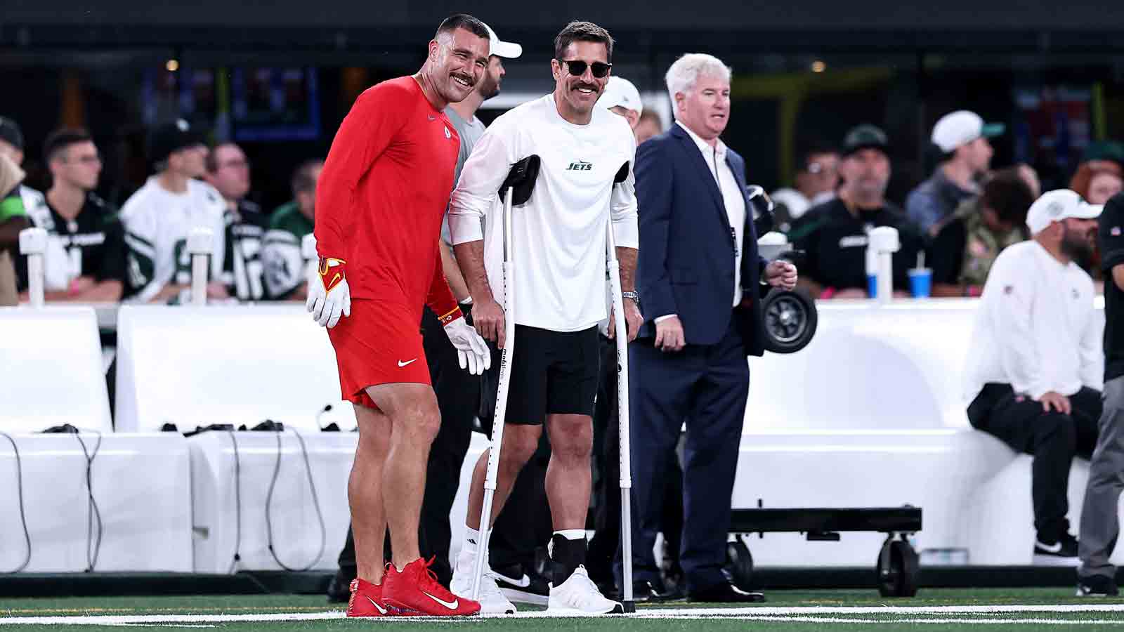 Aaron Rodgers seen on the sidelines during Chiefs-Jets Sunday