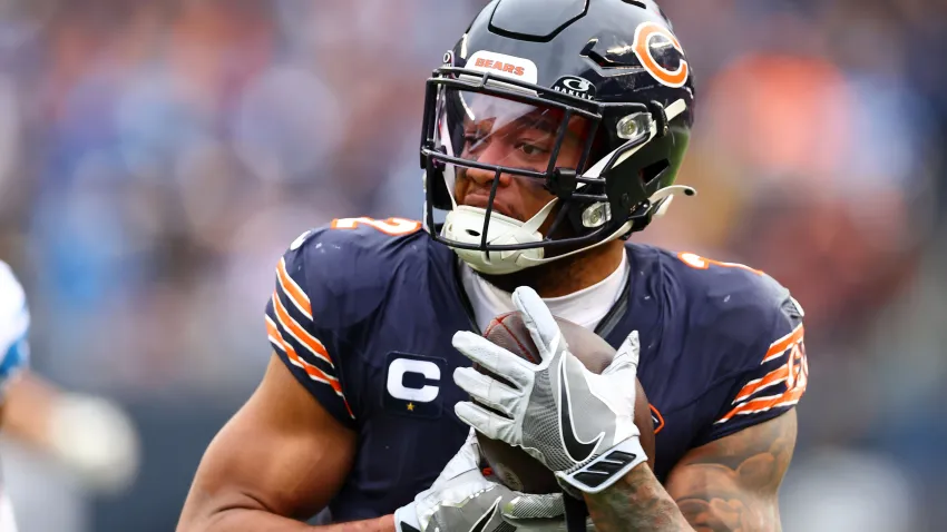 Dec 10, 2023; Chicago, Illinois, USA; Chicago Bears wide receiver DJ Moore (2) catches a touchdown pass against the Detroit Lions during the second half at Soldier Field. Mandatory Credit: Mike Dinovo-USA TODAY Sports