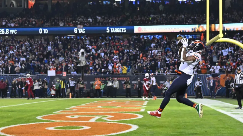 Dec 24, 2023; Chicago, Illinois, USA;  Chicago Bears tight end Marcedes Lewis (84) catches a one-yard touchdown pass in the first half against the Arizona Cardinals at Soldier Field. Mandatory Credit: Jamie Sabau-USA TODAY Sports