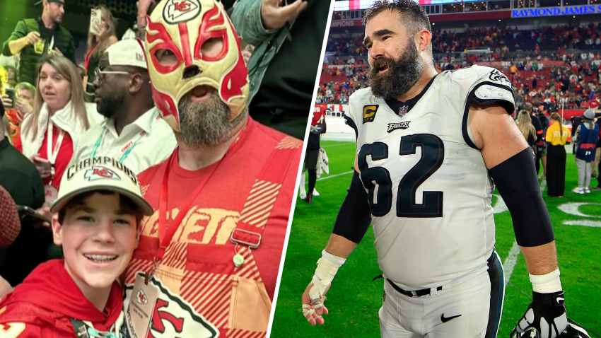 Jason Kelce with Elijah Smith in Las Vegas after the Super Bowl, right; Jason Kelce playing for the Philadelphia Eagles, right.