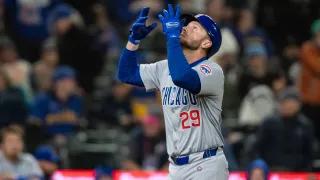 SEATTLE, WA – APRIL 12: Michael Busch #29 of the Chicago Cubs celebrates while rounding the bases after hitting a solo home run off relief pitcher Ryne Stanek #45 of the Seattle Mariners during the ninth inning of a game at T-Mobile Park on April 12, 2024 in Seattle, Washington. The Mariners won 4-2. (Photo by Stephen Brashear/Getty Images)