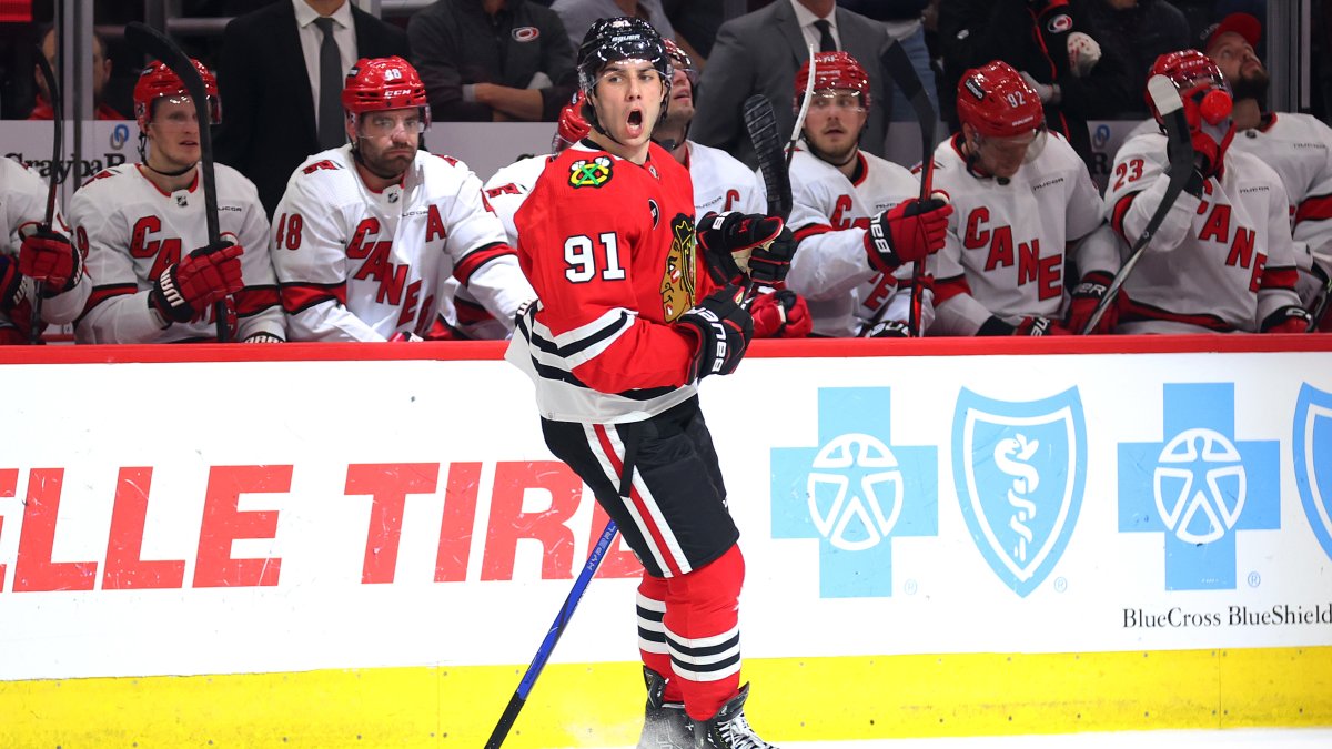 Frank Nazar scores first NHL goal in debut as Blackhawks lose to Hurricanes in home final – NBC Sports Chicago