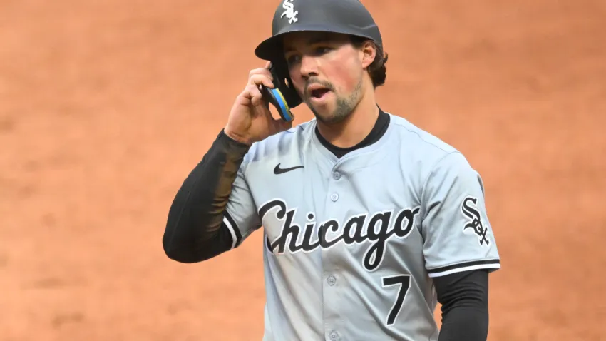 Apr 10, 2024; Cleveland, Ohio, USA; Chicago White Sox outfielder Dominic Fletcher (7) reacts after he was picked off first base in the second inning against the Cleveland Guardians at Progressive Field. Mandatory Credit: David Richard-USA TODAY Sports