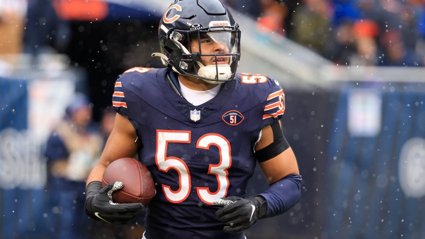 CHICAGO, ILLINOIS – DECEMBER 31: T.J. Edwards #53 of the Chicago Bears reacts in the game against the Atlanta Falcons at Soldier Field on December 31, 2023 in Chicago, Illinois. (Photo by Justin Casterline/Getty Images)