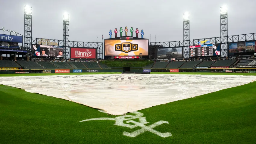 CHICAGO, IL – MAY 09: The rain tarp covers Guaranteed Rate Field before the regular season MLB game between the Cleveland Guardians and the Chicago White Sox on May 9, 2024, at Guaranteed Rate Field  in Chicago, Illinois. (Photo by Joseph Weiser/Icon Sportswire via Getty Images)