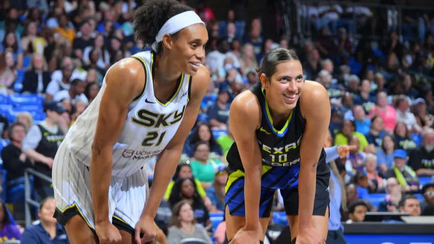 ARLINGTON, TX –  MAY 18: Brianna Turner #21 of the Chicago Sky and Stephanie Soares #10 of the Dallas Wings looks on during the game on May 18, 2024 at the College Park Center in Arlington, TX. NOTE TO USER: User expressly acknowledges and agrees that, by downloading and or using this photograph, User is consenting to the terms and conditions of the Getty Images License Agreement. Mandatory Copyright Notice: Copyright 2024 NBAE (Photo by Michael Gonzales/NBAE via Getty Images)