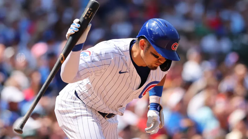 CHICAGO, ILLINOIS – MAY 23: Seiya Suzuki #27 of the Chicago Cubs slams his bat during the third inning against the Atlanta Braves at Wrigley Field on May 23, 2024 in Chicago, Illinois. (Photo by Michael Reaves/Getty Images)