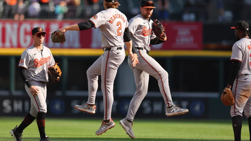 CHICAGO, ILLINOIS – MAY 26: Gunnar Henderson #2 and Colton Cowser #17 of the Baltimore Orioles celebrate after defeating the Chicago White Sox 4-1 at Guaranteed Rate Field on May 26, 2024 in Chicago, Illinois. (Photo by Michael Reaves/Getty Images)