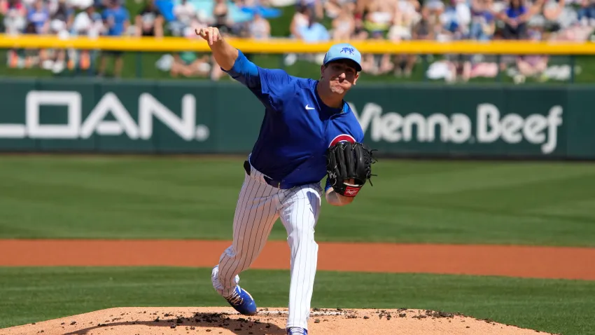 Mar 3, 2024; Mesa, Arizona, USA; Chicago Cubs starting pitcher Kyle Hendricks (28) throws against the Cleveland Guardians in the first inning at Sloan Park. Mandatory Credit: Rick Scuteri-USA TODAY Sports