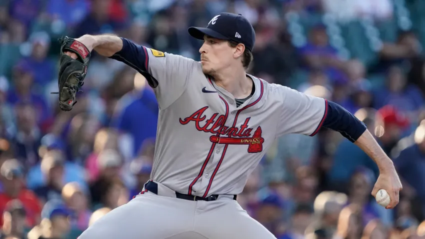 May 22, 2024; Chicago, Illinois, USA; Atlanta Braves pitcher Max Fried (54) throws the ball against the Chicago Cubs during the first inning at Wrigley Field. Mandatory Credit: David Banks-USA TODAY Sports