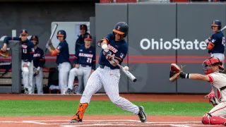 COLUMBUS, OH – APRIL 30: Illinois infielder Drake Westcott (34) hits the ball during the college baseball game between the Ohio State Buckeyes and the Illinois Fighting Illini on April 30, 2023, at Bill Davis Stadium in Columbus, OH. (Photo by Ben Hsu/Icon Sportswire via Getty Images)