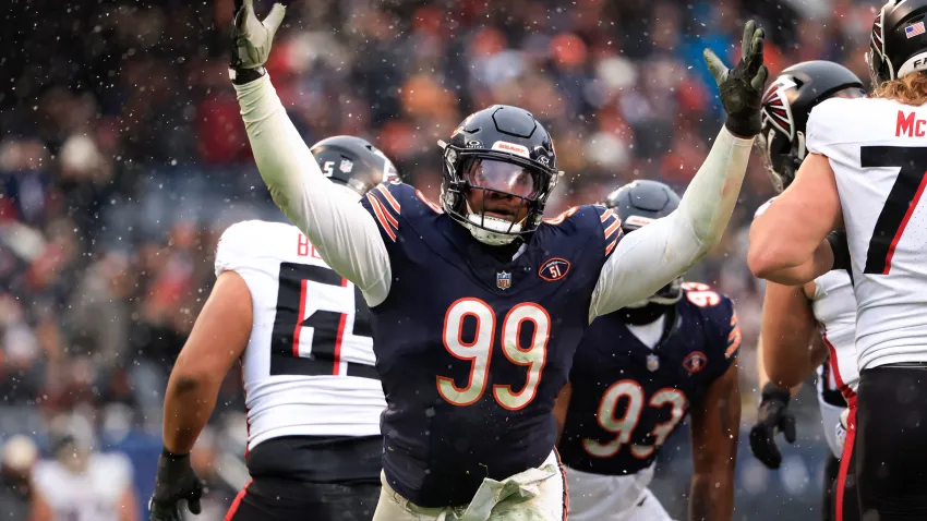 CHICAGO, ILLINOIS – DECEMBER 31: Gervon Dexter Sr. #99 of the Chicago Bears celebrates after a sack during the fourth quarter against the Atlanta Falcons at Soldier Field on December 31, 2023 in Chicago, Illinois. (Photo by Justin Casterline/Getty Images)