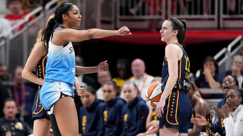 INDIANAPOLIS, INDIANA – JUNE 16: Angel Reese #5 of the Chicago Sky reacts after fouling Caitlin Clark #22 of the Indiana Fever during the second half at Gainbridge Fieldhouse on June 16, 2024 in Indianapolis, Indiana. NOTE TO USER: User expressly acknowledges and agrees that, by downloading and or using this photograph, User is consenting to the terms and conditions of the Getty Images License Agreement. (Photo by Emilee Chinn/Getty Images)