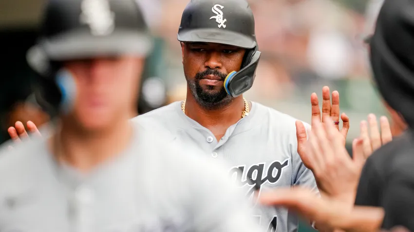 DETROIT, MICHIGAN – JUNE 23: Eloy Jiménez #74 of the Chicago White Sox celebrates after scoring a run against the Detroit Tigers during the top of the seventh inning at Comerica Park on June 23, 2024 in Detroit, Michigan. (Photo by Nic Antaya/Getty Images)