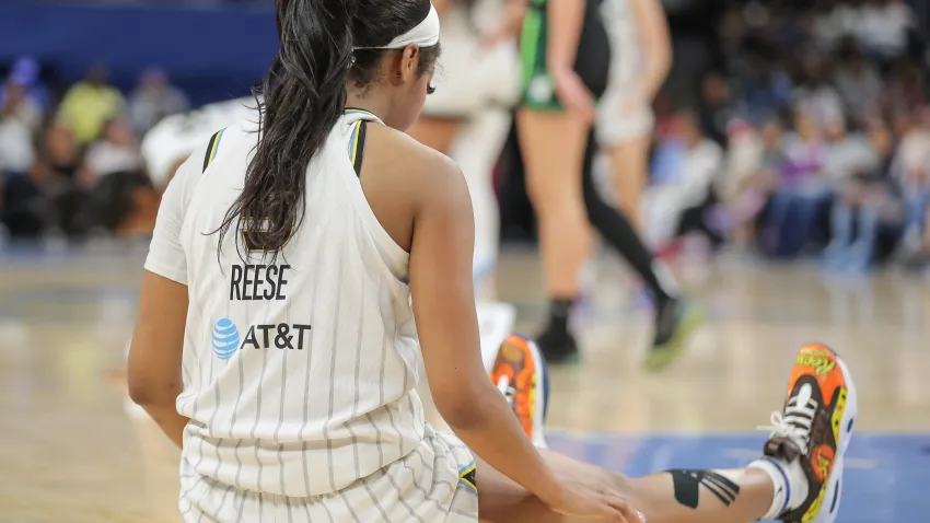 CHICAGO, IL – JUNE 30: Angel Reese #5 of the Chicago Sky sits on the court during the second half against the Minnesota Lynx on June 30, 2024 at Wintrust Arena in Chicago, Illinois. (Photo by Melissa Tamez/Icon Sportswire via Getty Images)