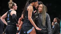 May 23, 2024; Brooklyn, New York, USA;  Chicago Sky forward Angel Reese (5) talks with head coach Teresa Weatherspoon during a time out in the fourth quarter against the New York Liberty at Barclays Center. Mandatory Credit: Wendell Cruz-USA TODAY Sports