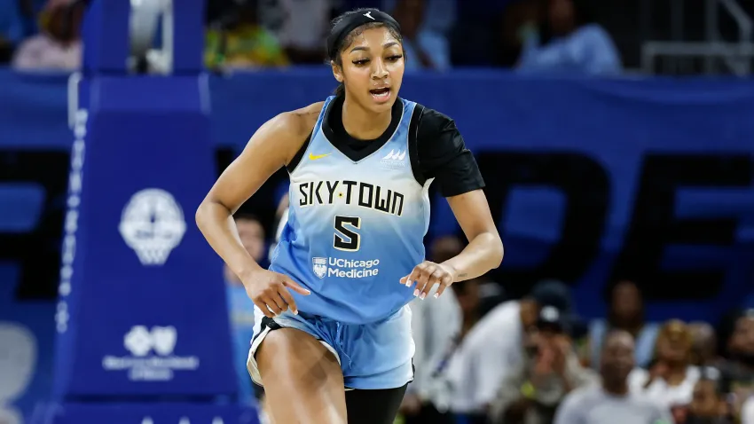 May 25, 2024; Chicago, Illinois, USA; Chicago Sky forward Angel Reese (5) reacts during the first half of a WNBA game against the Connecticut Sun at Wintrust Arena. Mandatory Credit: Kamil Krzaczynski-USA TODAY Sports